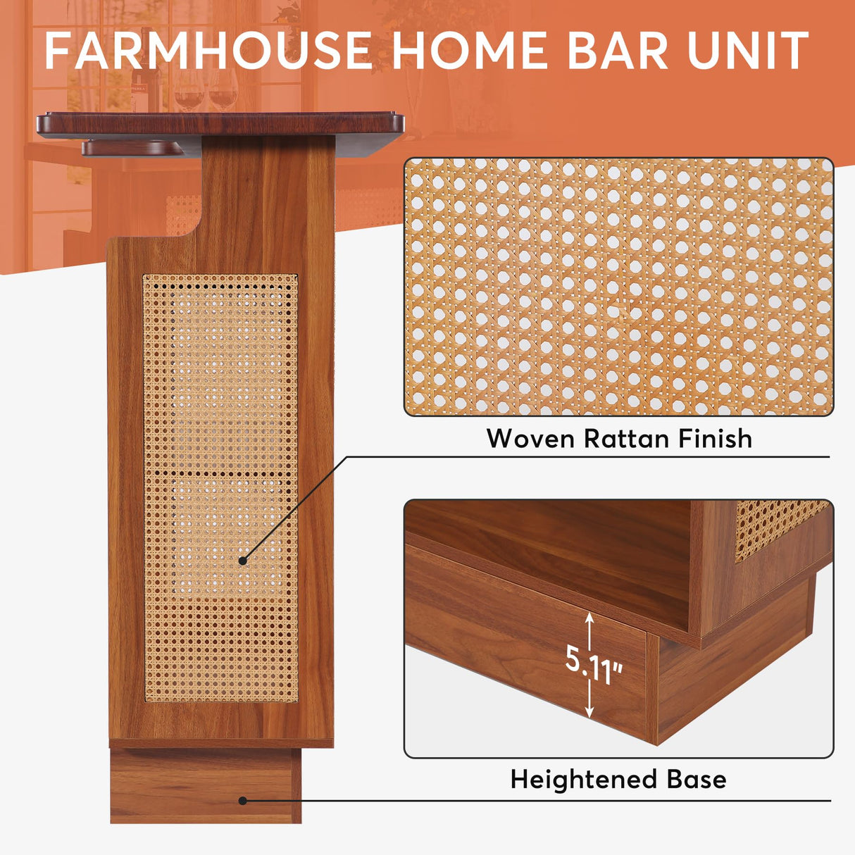 Tribesigns Caramel Brown Farmhouse Rattan Bar Cabinet with 4 Stemware Racks and Ample Storage Tribesigns