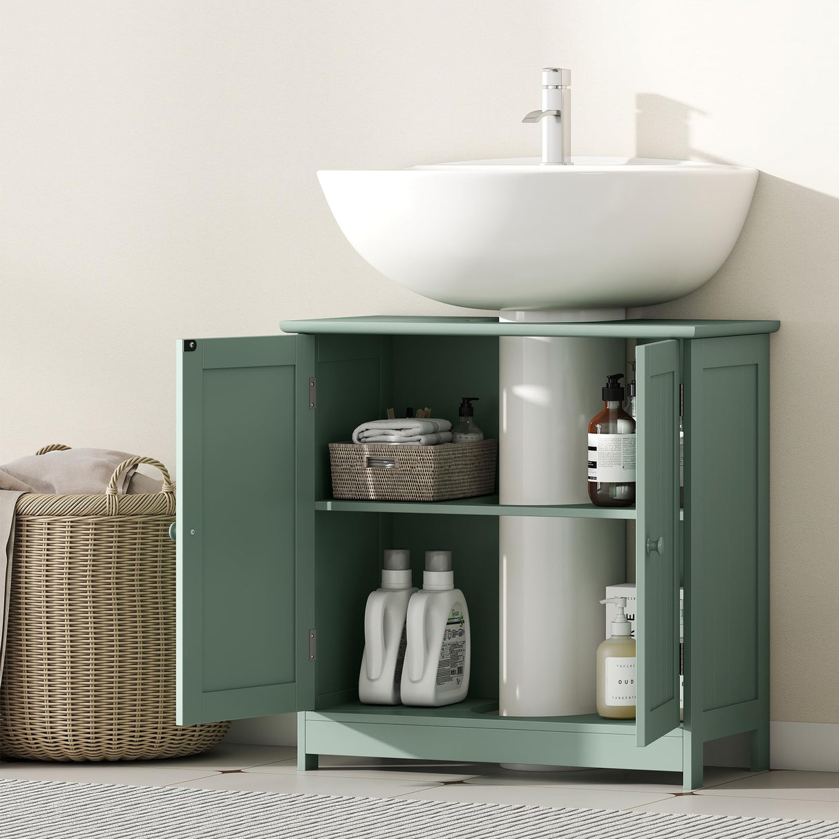 HOMCOM Under Sink Bathroom Cabinet, Pedestal Sink Storage Cabinet with 2 Doors, Shelf and U-Shape, Dark Green HOMCOM