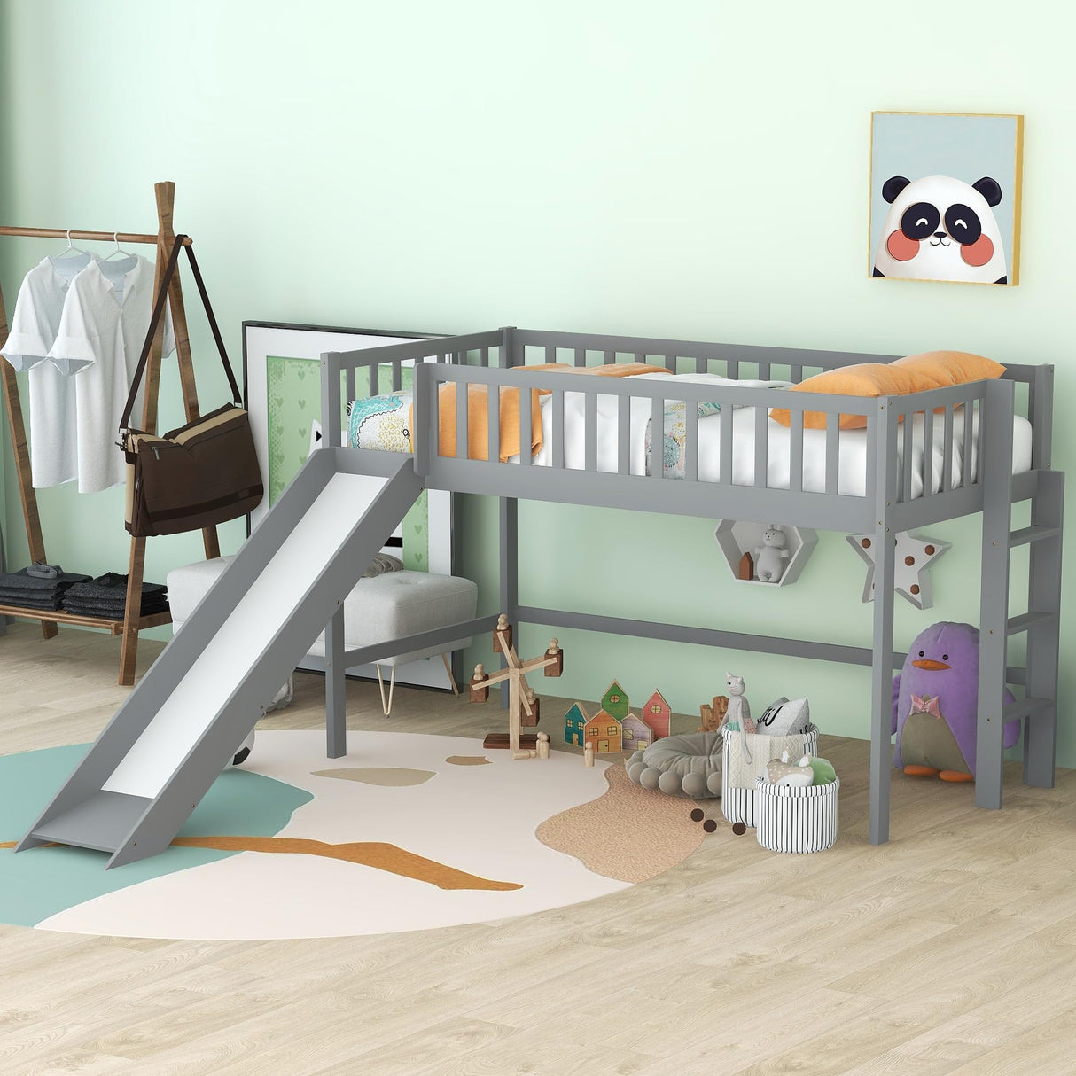 Bellemave Twin Size Loft Bed for Kids,Low Loft Bed with Slide and Ladder,Wood Loft Bed Twin for Girls Boys,Grey Bellemave