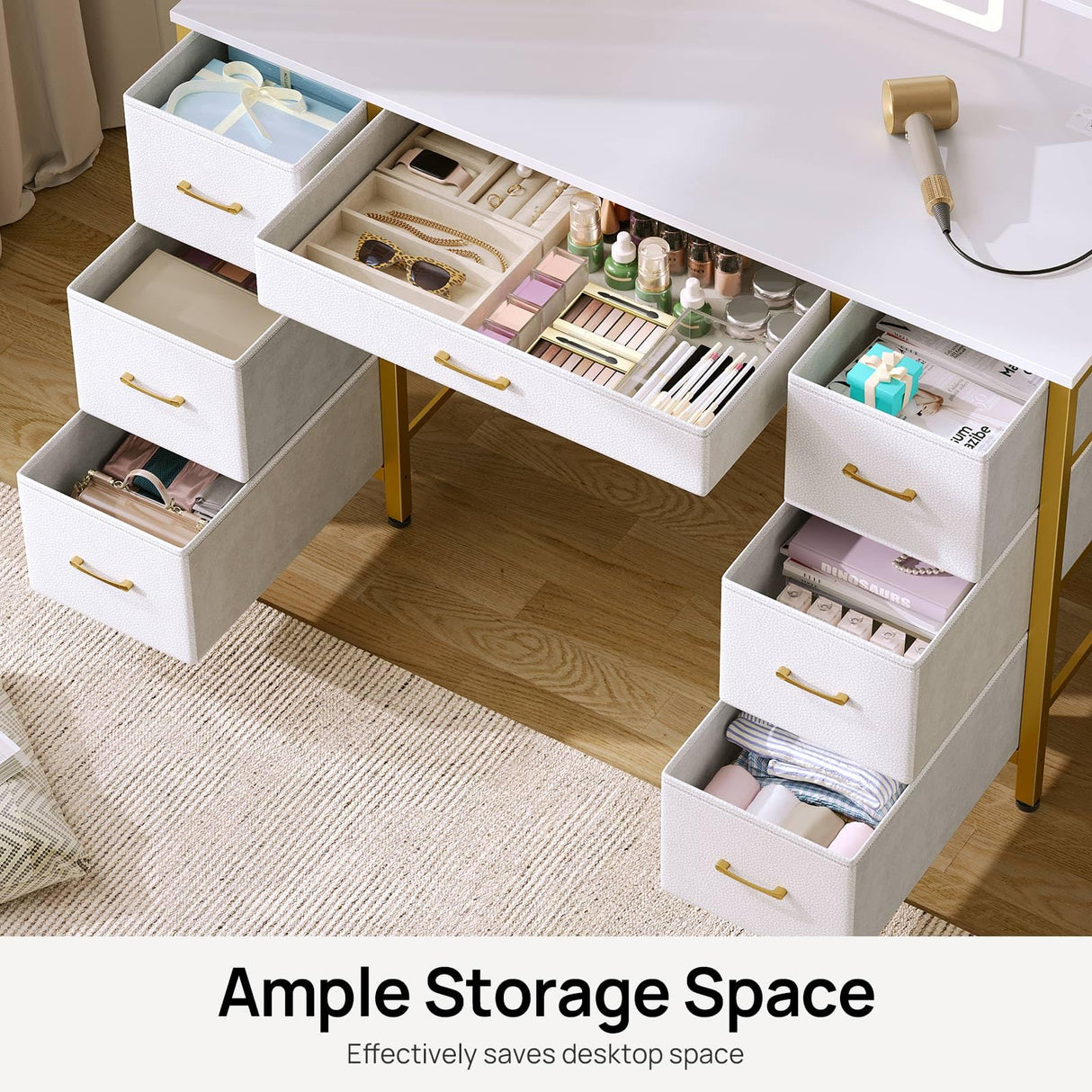 Rolanstar Vanity Desk with Lighted Mirror & Power Outlet, Makeup Vanity with 7 Fabric Drawers, 6 Storage Shelves & 3 Lighting Modes, Dressing Table for Bedroom, Girls, Women, White and Gold Rolanstar