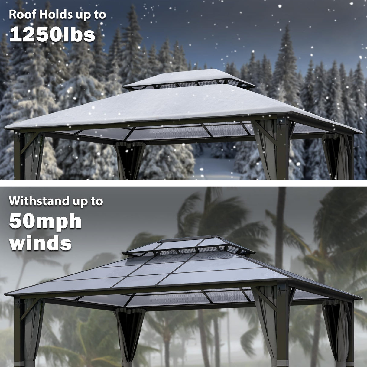 Raysfung Hardtop Gazebo 12' x 16', Patio Gazebos with Polycarbonate Roof & Steel Frame, Outdoor Pavilion with Gray Curtain&Netting for Backyard/Lawn/Garden/Deck Raysfung