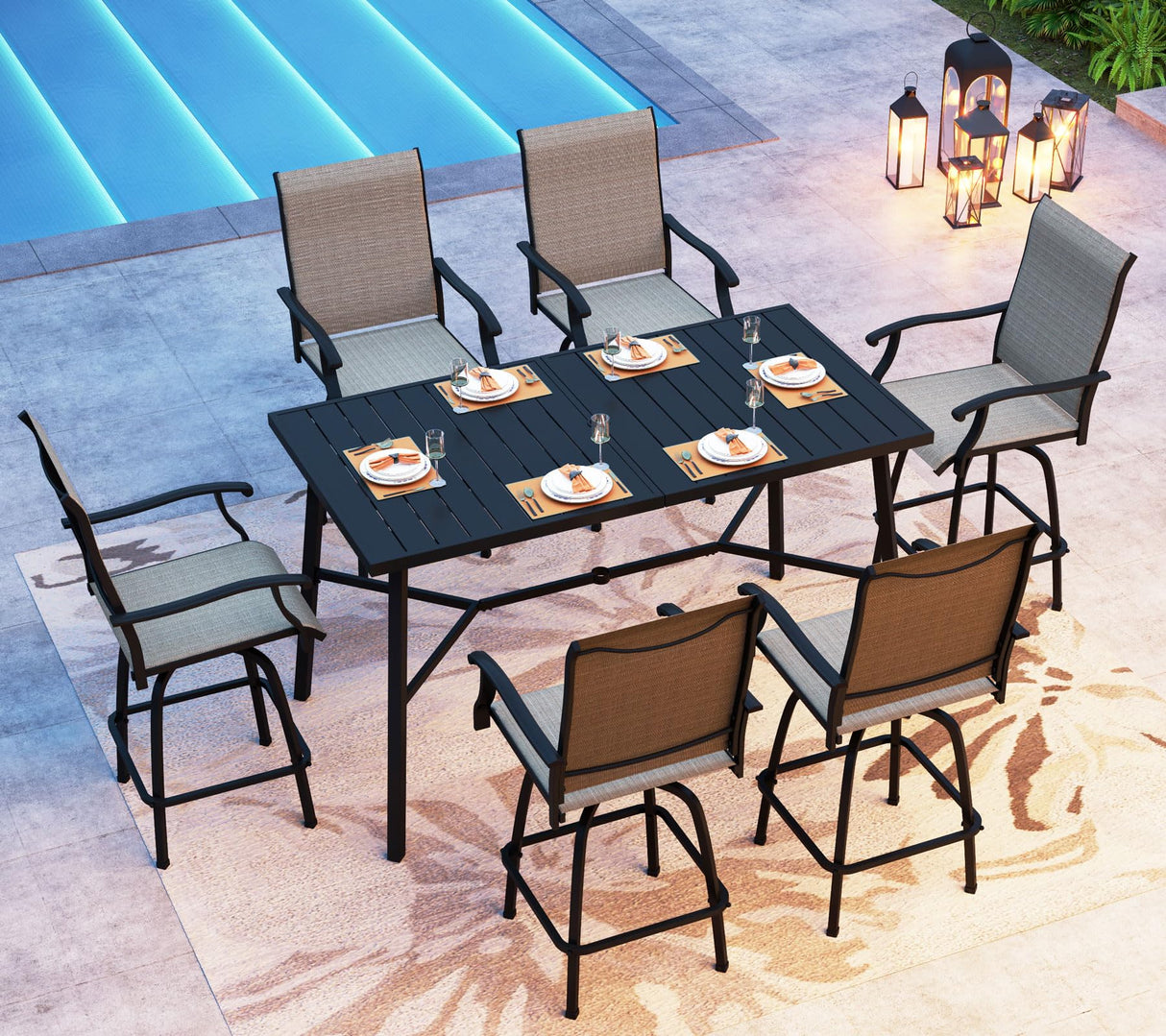 PHI VILLA Outoor Swivel Bar Stools Set of 6 with Armrest and Backrest, 30" Seat Height High Top Bar Height Patio Chairs, Brown Textilene Fabric PHI VILLA