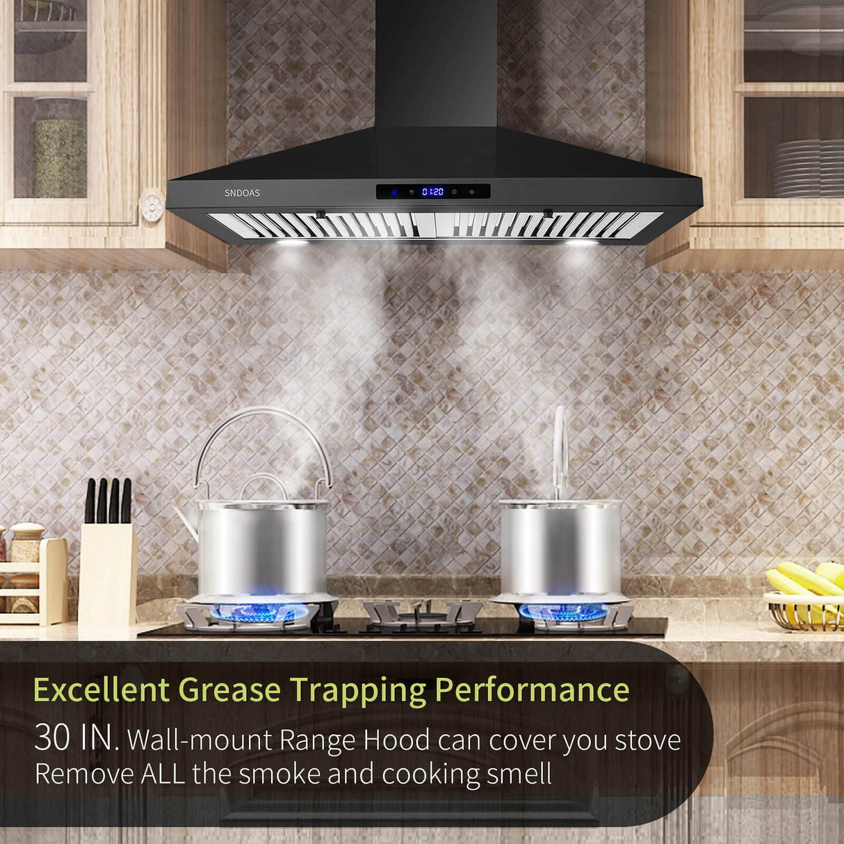 SNDOAS Range Hood Black,Wall Mounted Range Hood 30 inches,Black Kitchen Hoods with Touch Controls,Stainless Steel Range Hood in Black Painted,Black Range Hood 30 inches,Hood Vents for Kitchen SNDOAS