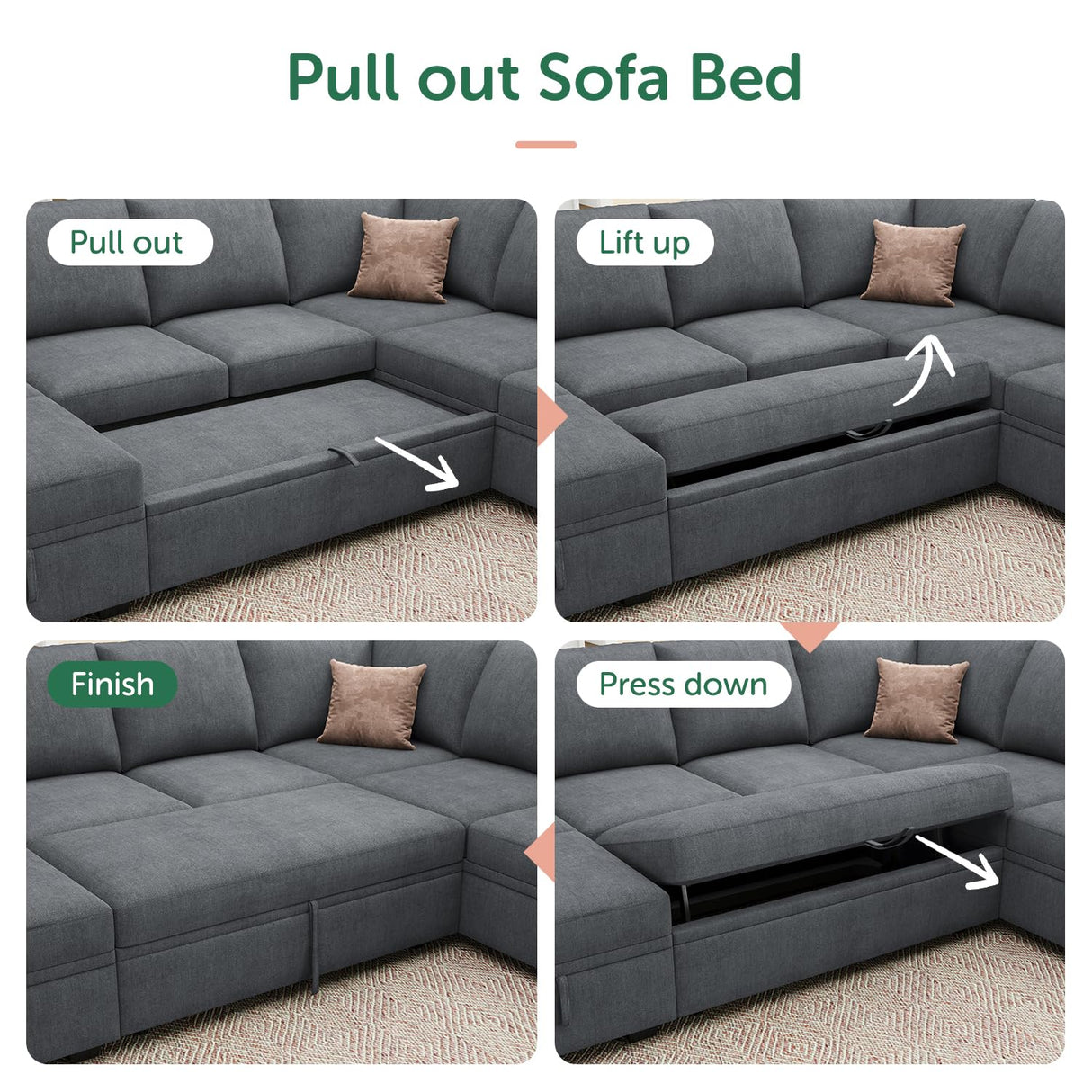 HONBAY Modular Sectional Sleeper Sofa with Pull Out Bed, Chenille L Shaped Couch with Storage Seats, Convertible Sectional Couches for Living Room, Bluish Grey HONBAY