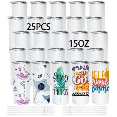 AGH 15OZ 25Pack Blanks Sublimation Straight Skinny Tumblers with Lids and Straws, Reusable Stainless Steel Insulated Water Bottle, Double Wall Vacuum Sublimation Travel Mug Cup For Coffee And Juice