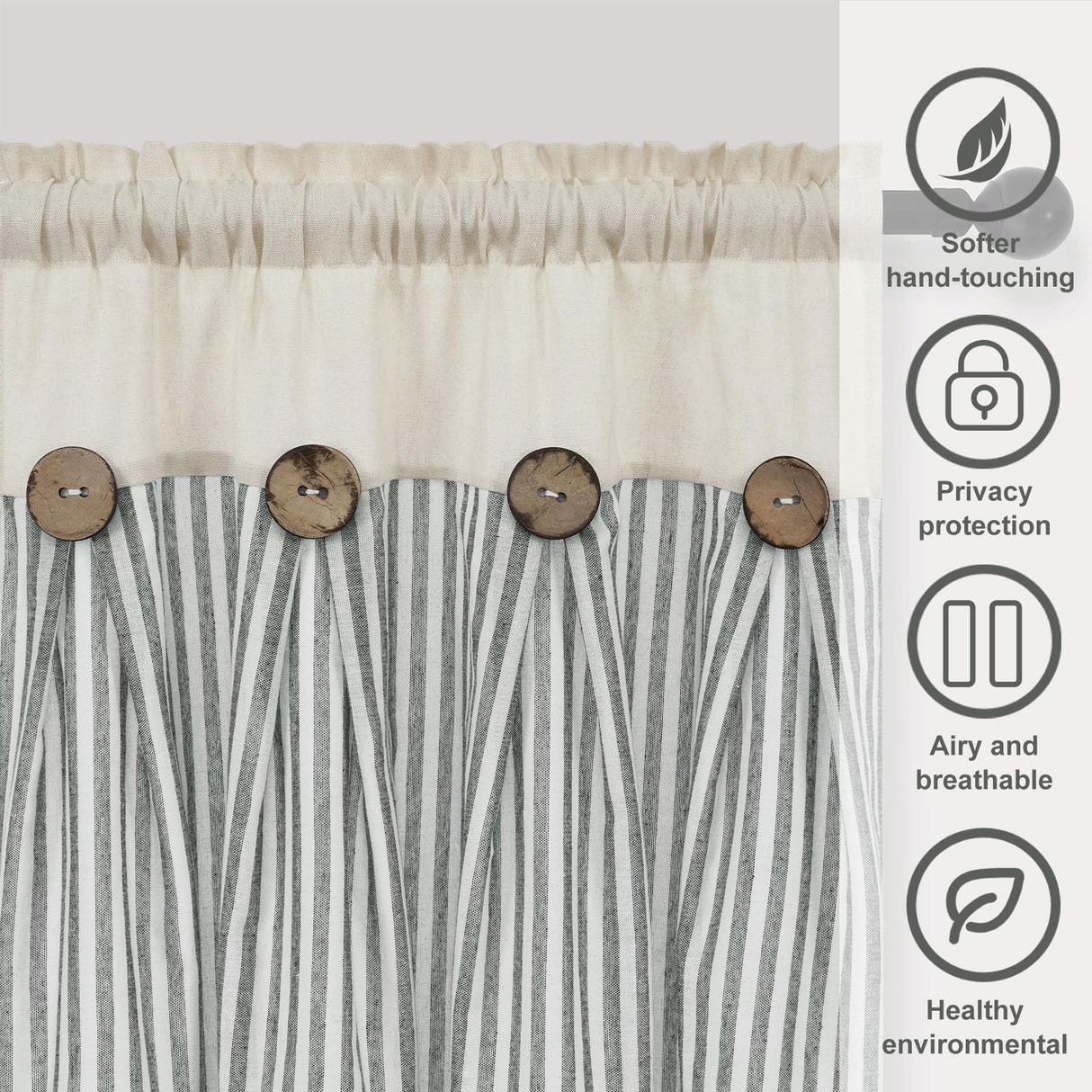 Cotton Linen Farmhouse Kitchen Curtains 36 Inch Boho Rustic Button Tier Curtains Natural/Sage Green Stripe Color Block Curtain Rod Pocket Small Window Curtain for Cafe Bathroom Bedroom Drapes BLEUM CADE