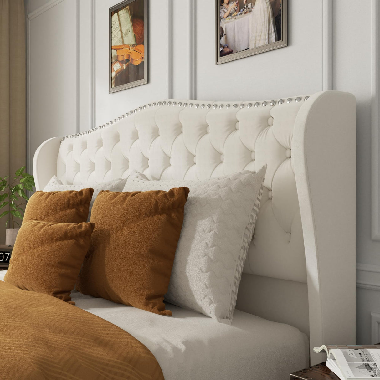 viplov King Size Platform Bed Frame with 51-inch Tall Camelback Headboard & Wingback, Deep Button Tufted Footboard with Nailhead Trim, No Box Spring Needed, Cream viplov