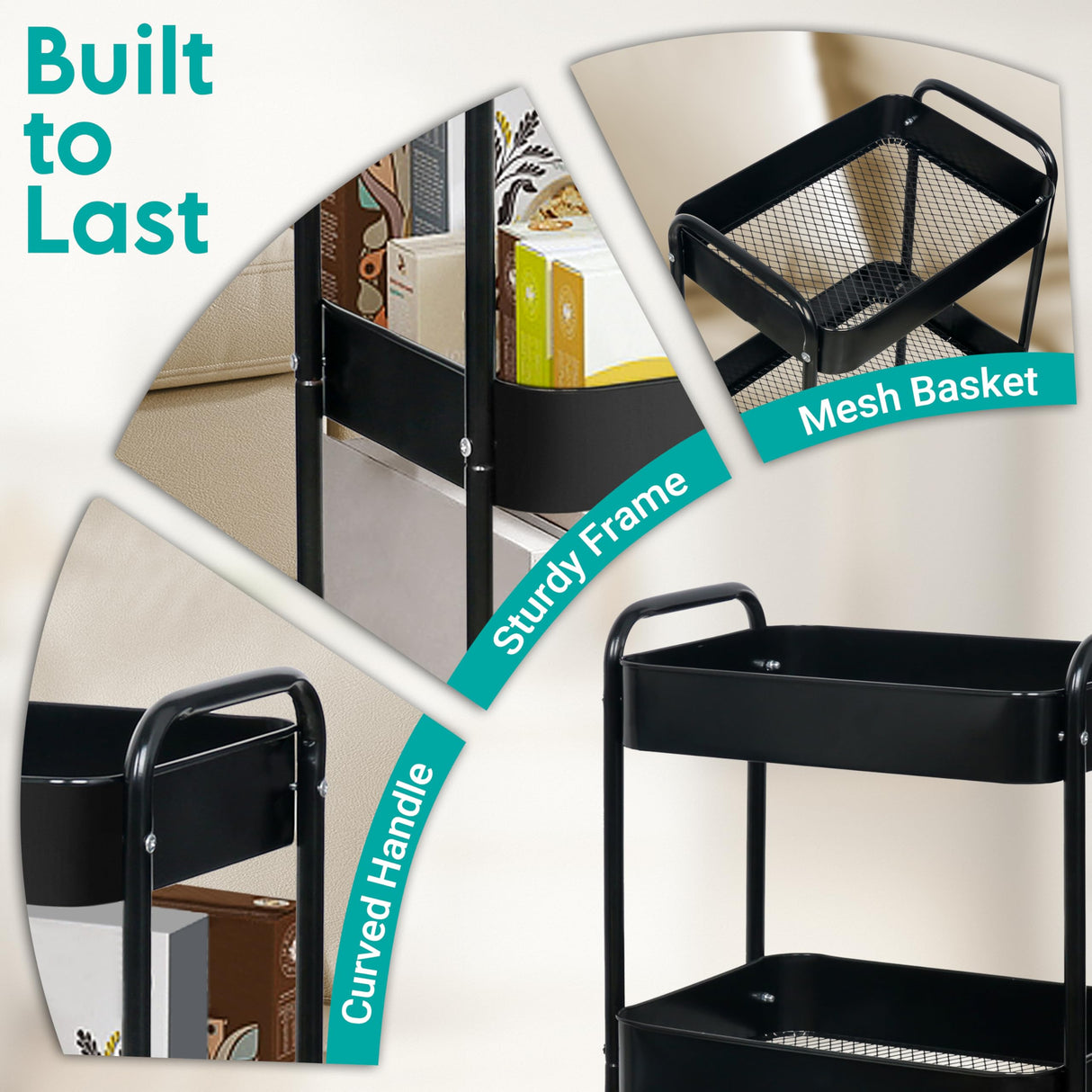 ZOES HOMEWARE 3 Tier Rolling Cart, Metal Utility Cart with 4 Hooks, Rolling Storage Cart on Wheels, Small Organizer Cart for Nursery, Kitchen, Living Room, Bathroom, Black ZOES HOMEWARE