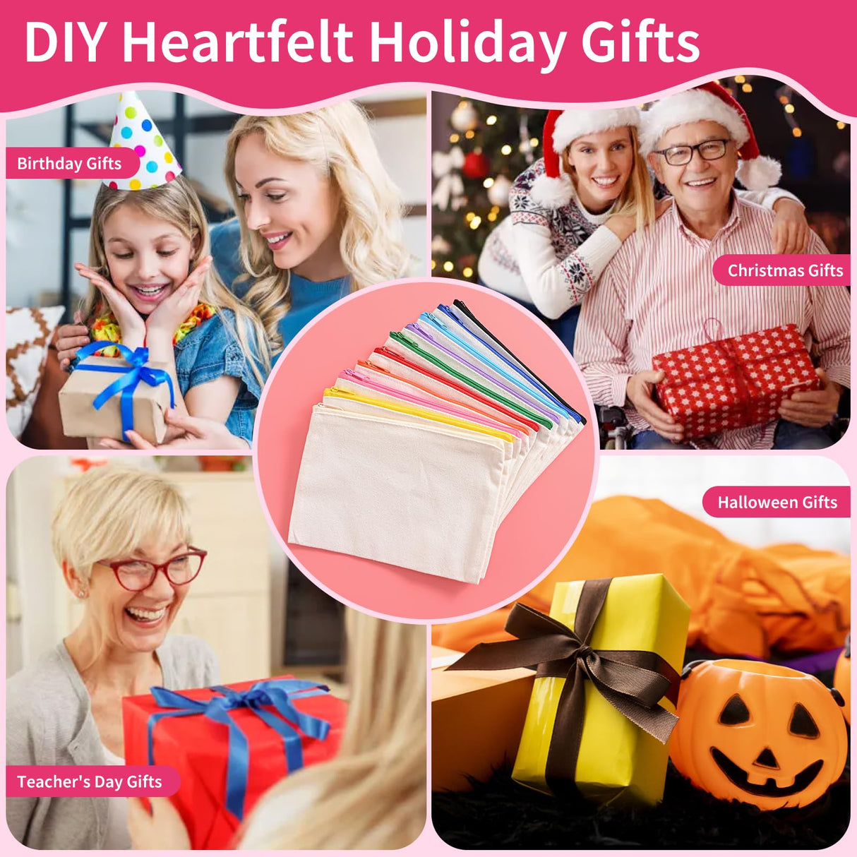 50Pcs Canvas Makeup Bags Bulk, 7.87 x 5.7 Inch Cotton Sublimation Blank DIY Heat Transfer Cosmetic Makeup Bag w/Colorful Zipper for Bridesmaid Makeup Bag Travel Toiletry Pouch Storage, Christmas Craft AMDAILY