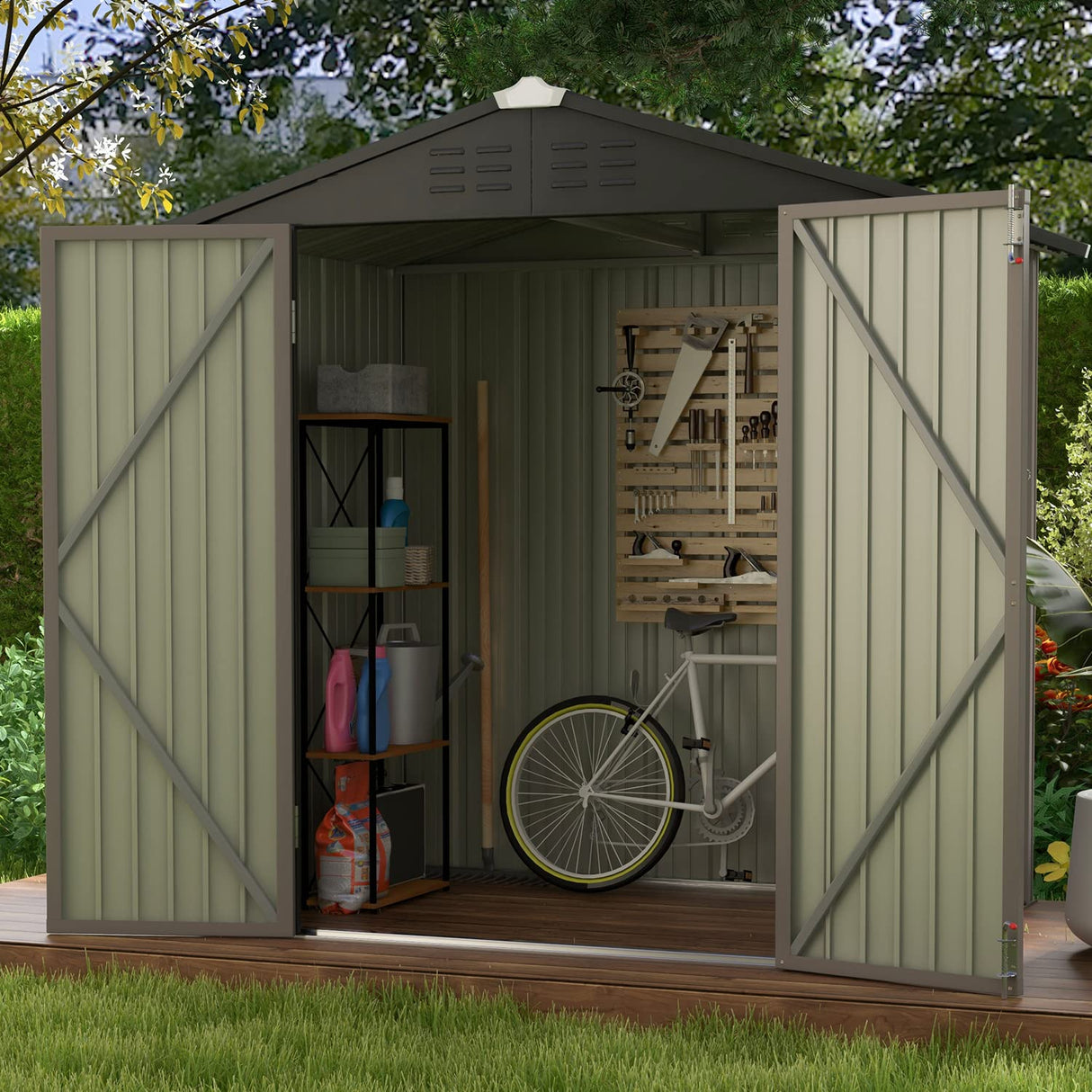 Patiowell 6x4 FT Outdoor Storage Shed, Garden Tool Storage Shed with Sloping Roof and Double Lockable Door, Outdoor Shed for Garden Backyard Patio Lawn, Brown Patiowell
