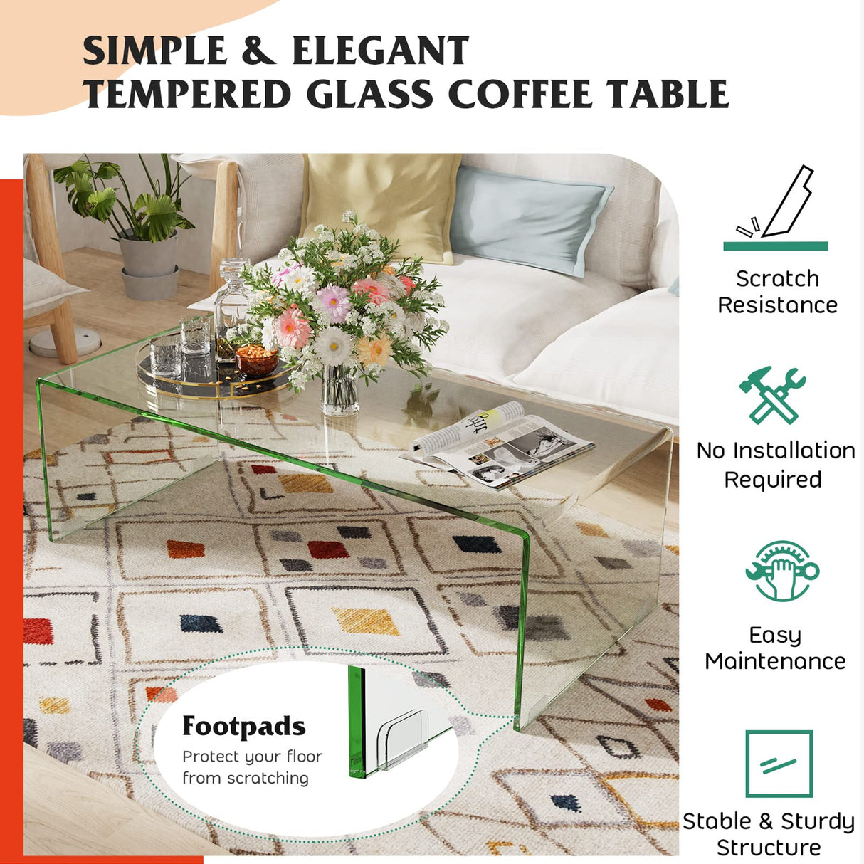 Tangkula Glass Coffee Table, 42.5" L × 20" W ×14" H, Modern Home Furniture, Clear Tempered Glass End Table, International Occasion Tea Table, Waterfall Table with Rounded Edges (Clear) Tangkula