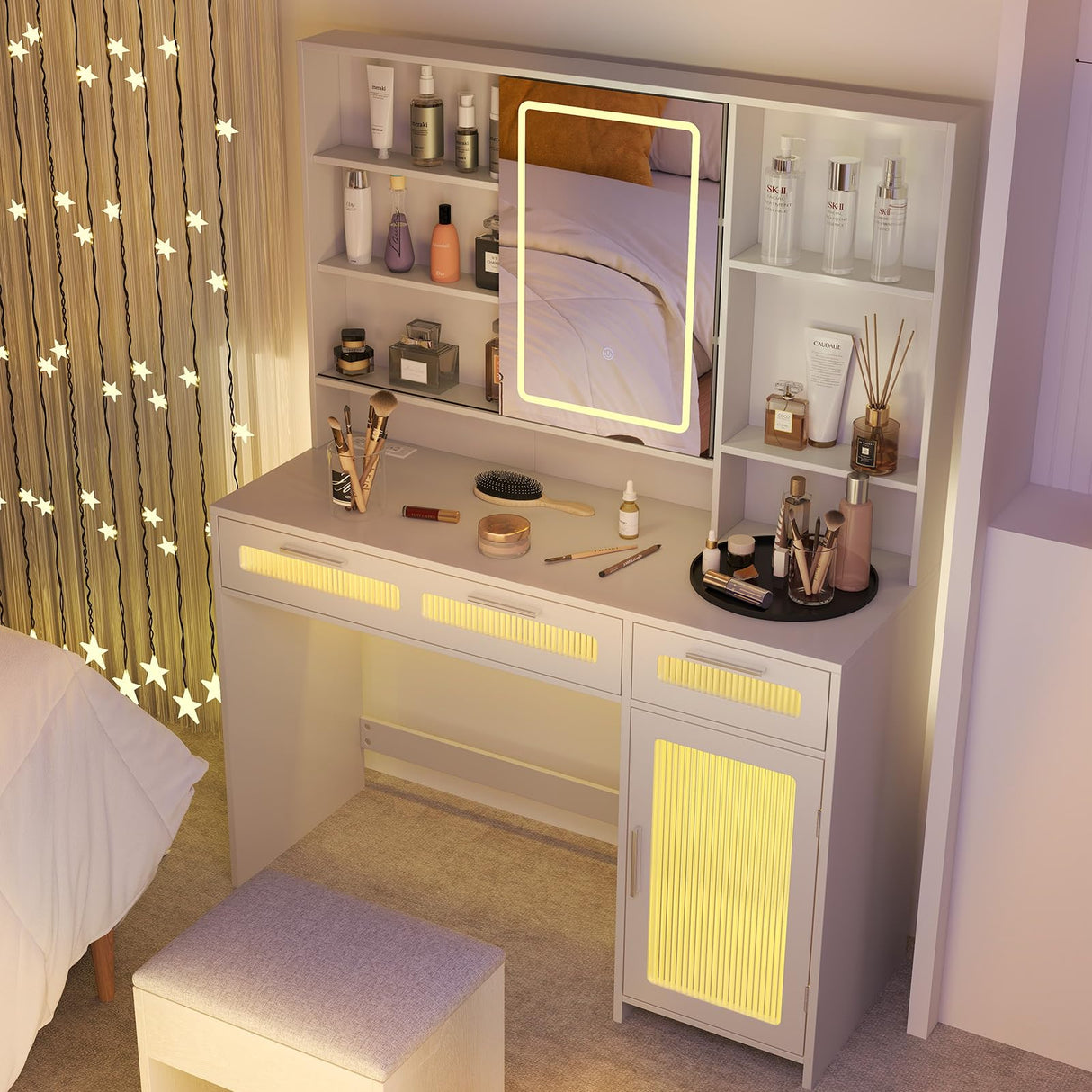 Hadulcet White Vanity Desk with Mirror and Lights, LED Vanity with Power Outlet, Makeup Vanity with 2 Drawers, 10 Storage Shelves and Acrylic Door Cabinet for Bedroom Dressing Room, 43” Hadulcet