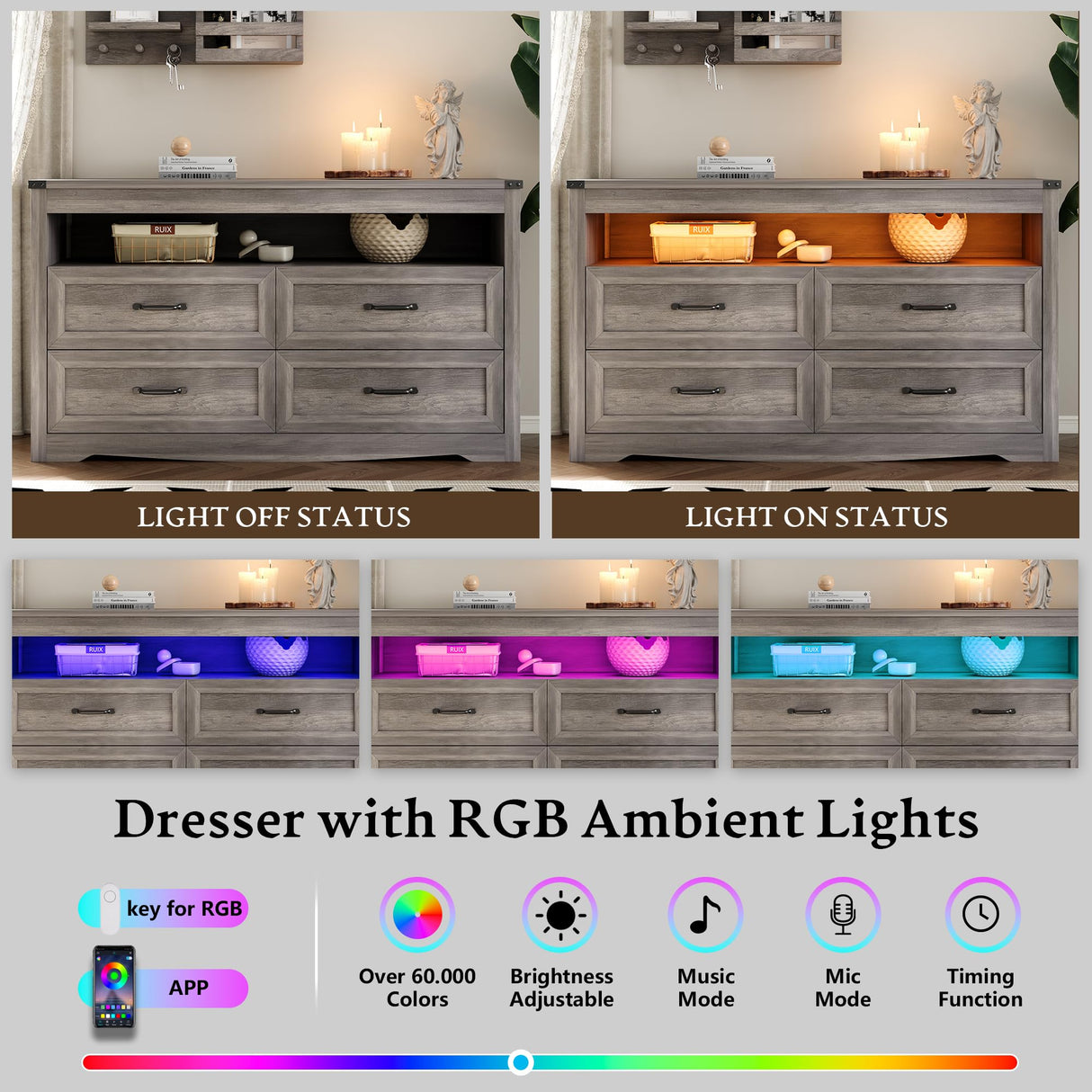 Dresser for Bedroom with 4 Drawers, Farmhouse Chest of Drawers with Natural Texture and LED Lights, Wide Wood Rustic Closet Storage Organizer, Modern Dresser TV Stand for Living Room, Entryway, Grey Xixini