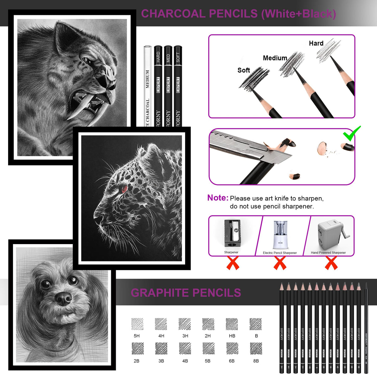 HIFORNY 42 PCS Drawing Set, Sketching Kit with Graphite & Charcoal Pencils, Blending Tools, Erasers & Accessories, Portable Zippered Travel Case for Artists & Beginners HIFORNY