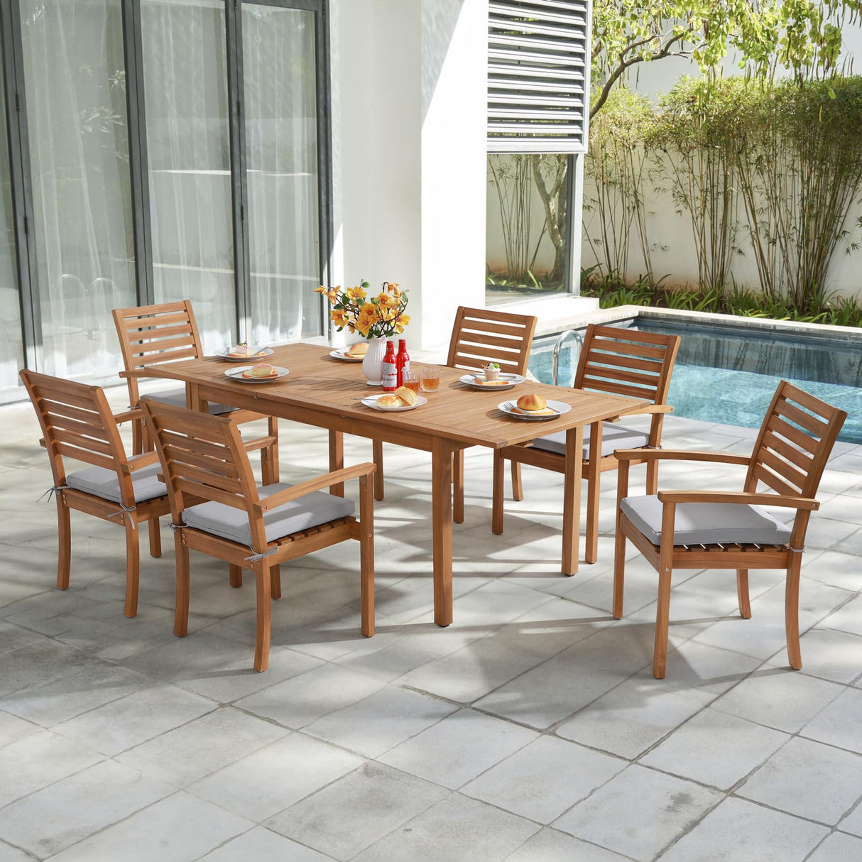 OC Orange-Casual 7 Piece Patio Dining Set, Outdoor Acacia Wood Furniture Set, Extendable Rectangular Table and 6 Stackable Chairs w/Removeable Fabric Cushion, FSC Certified, Light Grey Cushion OC Orange-Casual