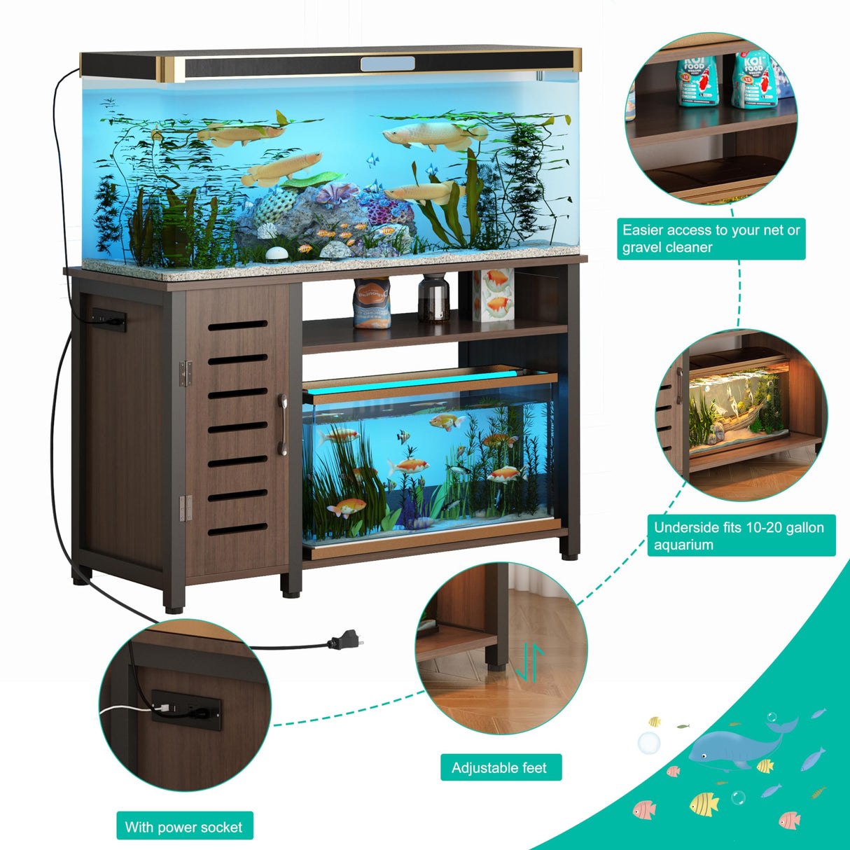 Fish Tank Stand with Cabinet, 55-75 Gallon Aquarium Stand with Power Outlets and Cabinet for Fish Tank Accessories Storage, Heavy Duty Metal Frame Knowfunn