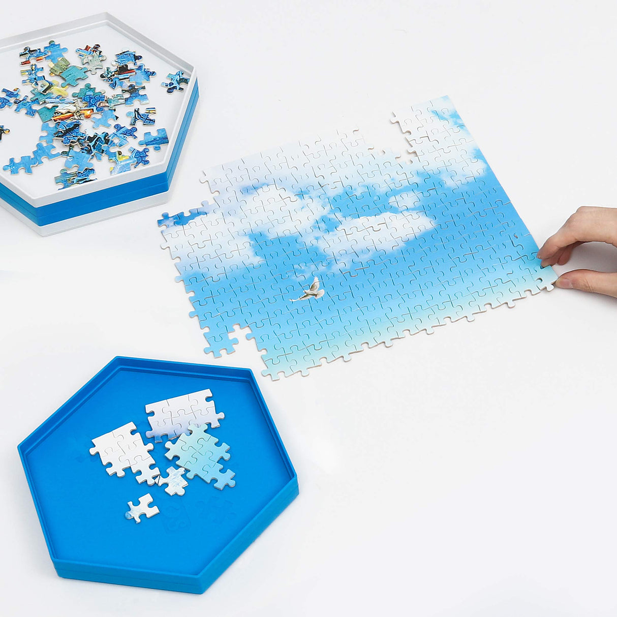 Becko US Stackable Puzzle Sorting Trays Jigsaw Puzzle Sorters with Lid Puzzle Accessory for Puzzles Up to 1500 Pieces, 8 Hexagonal Trays in White & Blue Becko US