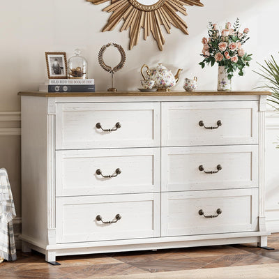 Amada Farmhouse 6 Drawers Dresser for Bedroom, 47" Wide Wood Rustic Chest of Drawers with Roman Column Design, Vintage Design, Large Storage Organizer for Bedroom, Living Room, Antique White and Brown