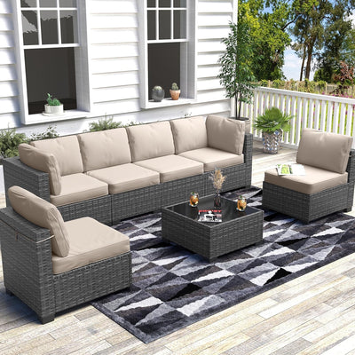 6 Piece Outdoor Patio Furniture Set with Coffee Table, Rattan Deck Conversation Sofa Set, All-Weather Sectional Rattan Sofa with Glass Top Coffee Table, Poolside, Garden, Porch, Grey + Beige