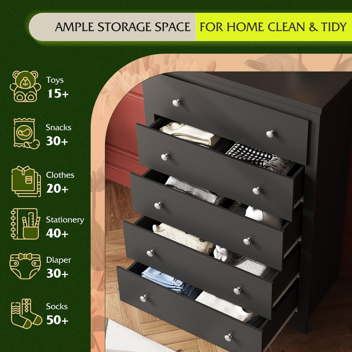 WLIVE Wood Dresser with 5 Drawer, Cabinets Dressers Wood Dresser Cabinet, Organizer Drawers for Bedroom, Living, Hallway, Measuring 15.7" W*31.4" D*45.3" H, Black WLIVE