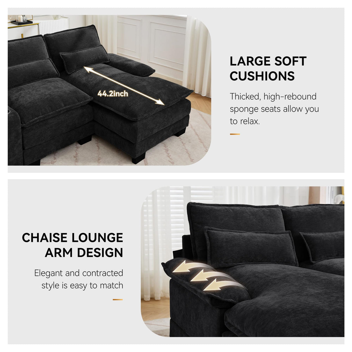 125'' U Shaped Cloud Modular Sofa with Chaise Lounges, Chenille Upholstered Comfy Sectional Couch with Storage Console, USB Charging Ports & Cup Holders, Modern Deep Seat Sofa for Living Room, Black WUTUTUEE