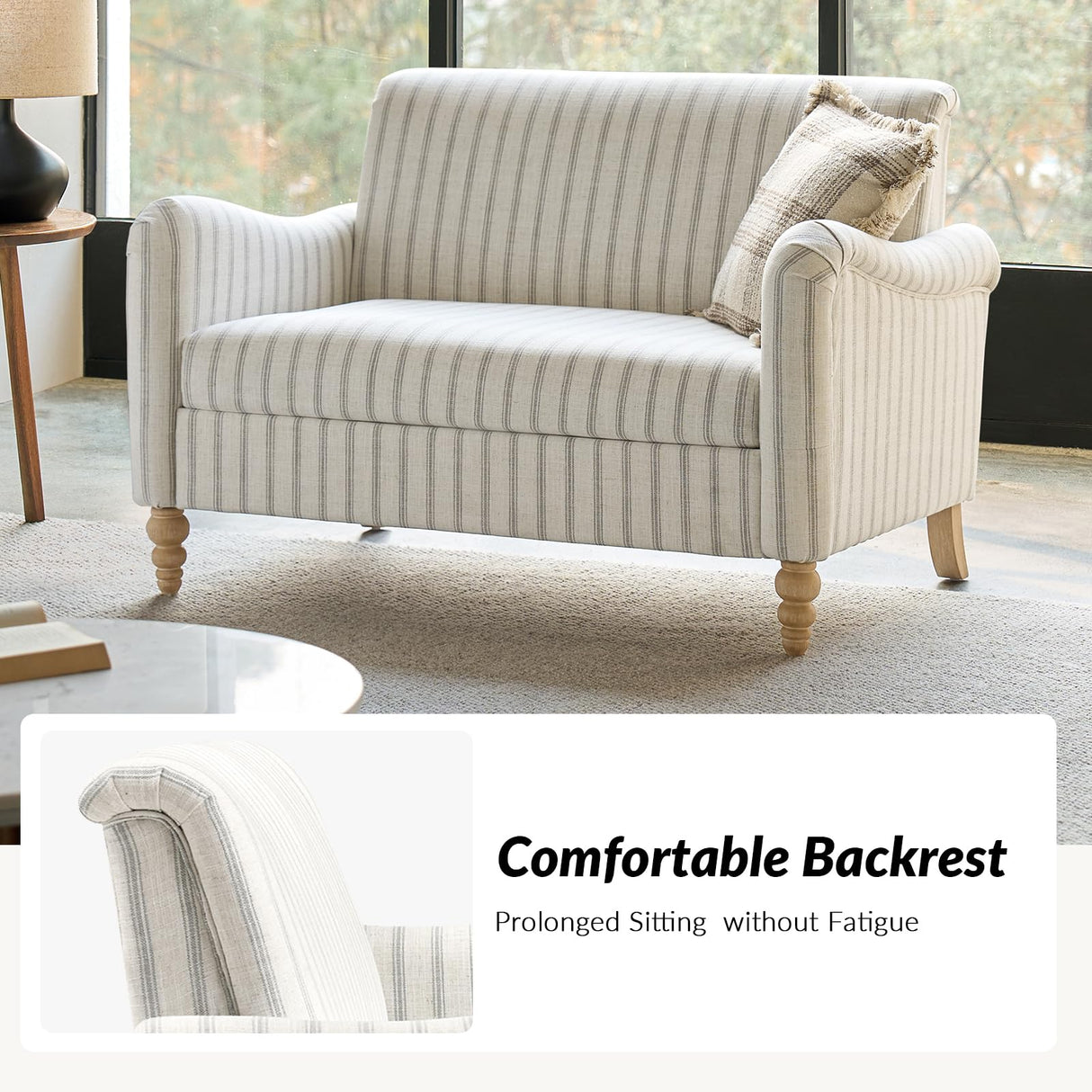 HULALA HOME 50.5" Loveseat Sofa with Stripe Pattern, 2 Seater Farmhouse Sofa with Rolled Wide Armrests and Rubber Wood Legs, Comfy Upholstered Small Couch for Living Room Bedroom, Stripe HULALA HOME