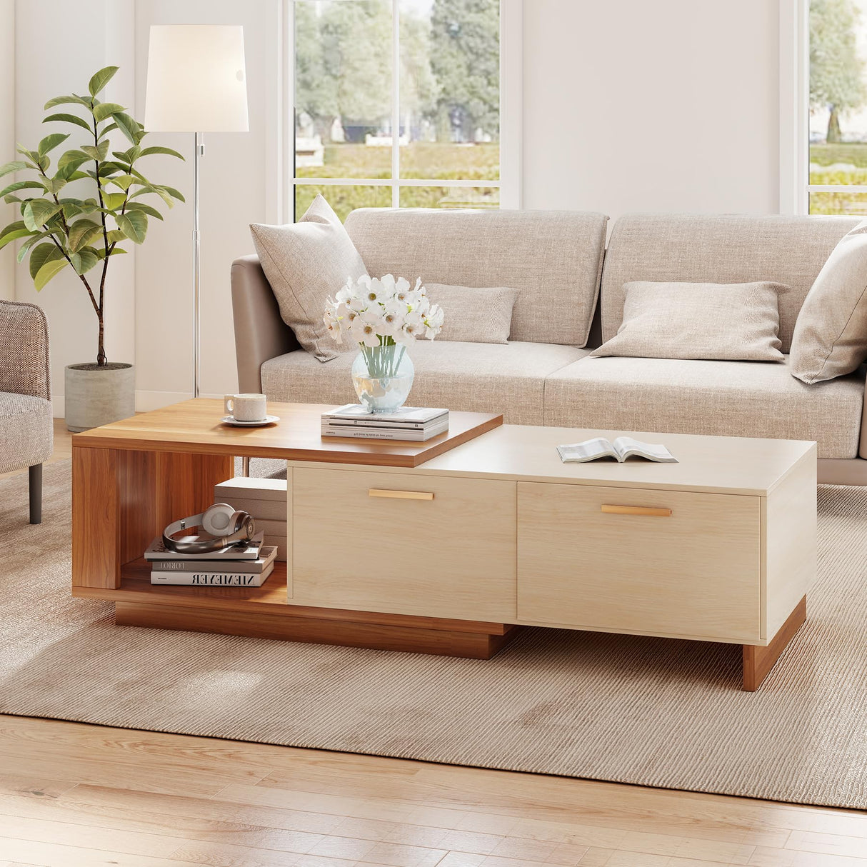 Aivermeil 42"- 65" Extendable Coffee Table with Storage, Reversible Wood Coffee Table with 2 Drawers, Two-Tone Large Adjustable Center Table for Living Room, Office (Walnut B) Aivermeil