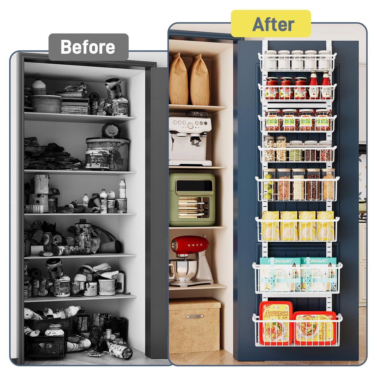 Over The Door Pantry Organizer, 8-Tier Over The Door Organizer with Adjustable Baskets, Metal Hanging Spice Rack for Pantry Organizers and Storage, Suitable for Kitchen Laundry Room & Bathroom, White MSERCUOR