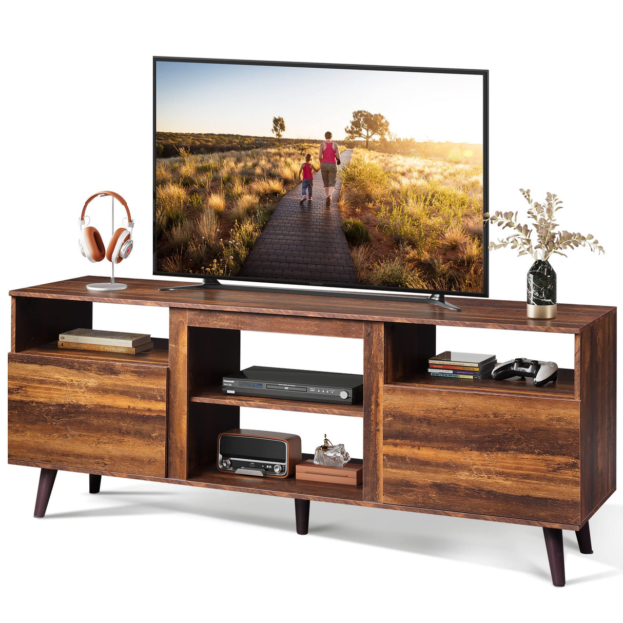 WLIVE TV Stand for 65 Inch TV, 58 inch Entertainment Center with 2 Storage Cabinets, Media Console for Living Room, Bedroom and Office, Retro Brown WLIVE