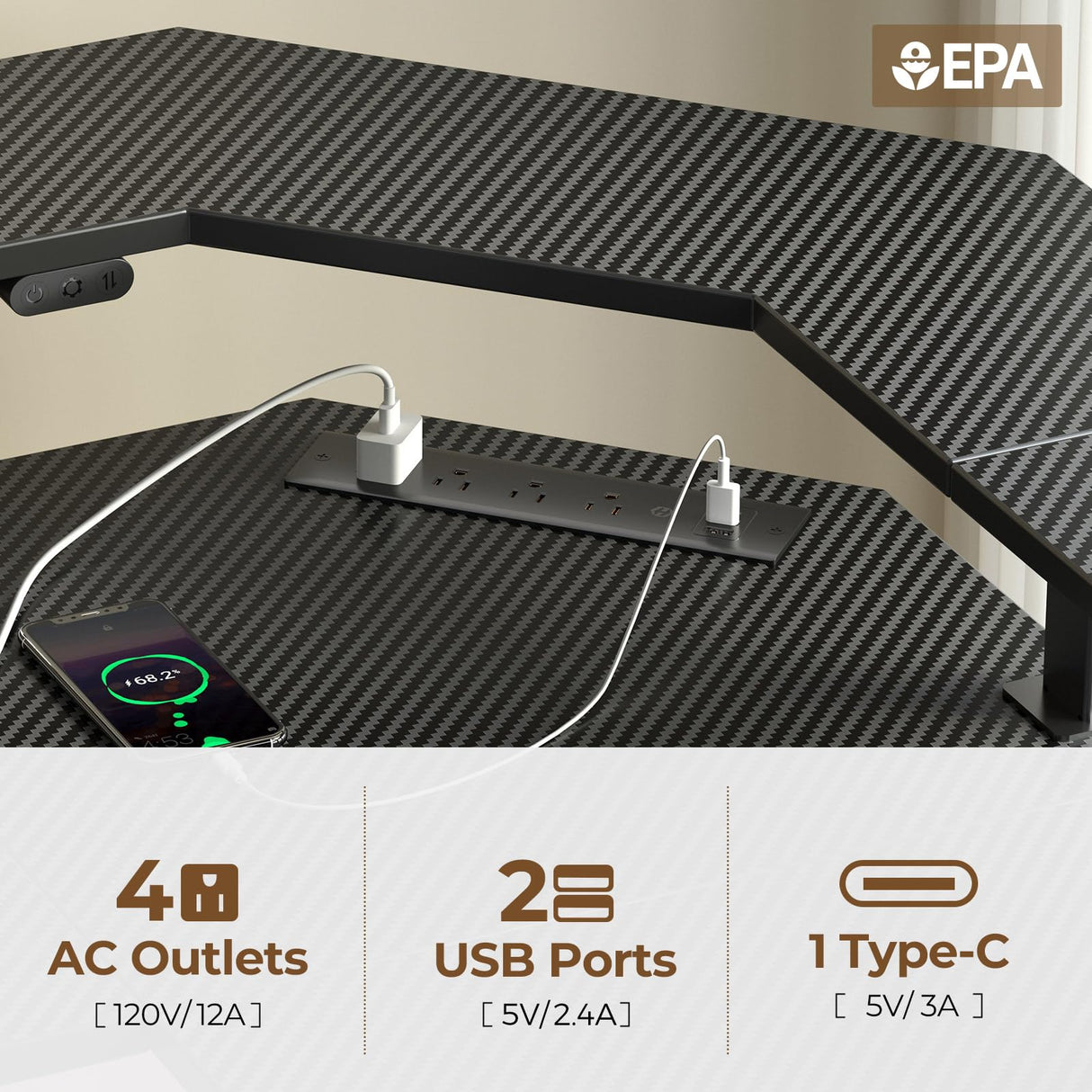 Rolanstar Standing Desk L Shaped with LED Light and Power Outlet, Electric Height Adjustable Desk with Monitor Stand, Carbon Fiber Rolanstar