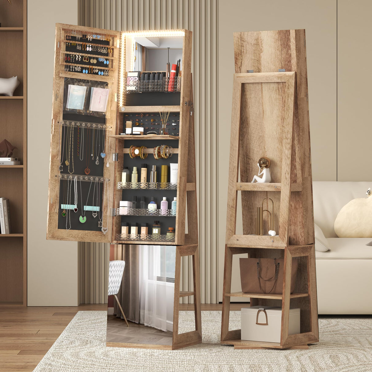 Vlsrka 360° Swivel Jewelry Cabinet with Lights, 63" H Large Capacity Jewelry Armoire with Full Length Mirror, Standing Jewelry Mirror with Storage for Jewelry, 4-in-1 design, Brown Vlsrka