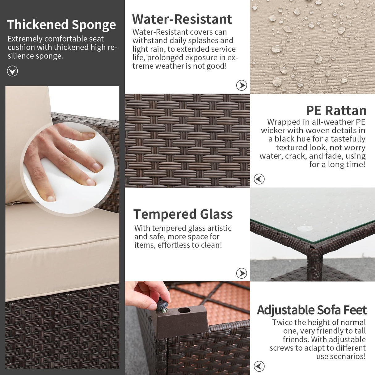 Rattaner Outdoor Furniture Club Chair 3 Pieces Patio Single Sofa Chairs and Glass End Table Outdoor Chairs Set of 2 and SideTable with Anti-Slip Cushions and Waterproof Cover, Khaki Rattaner