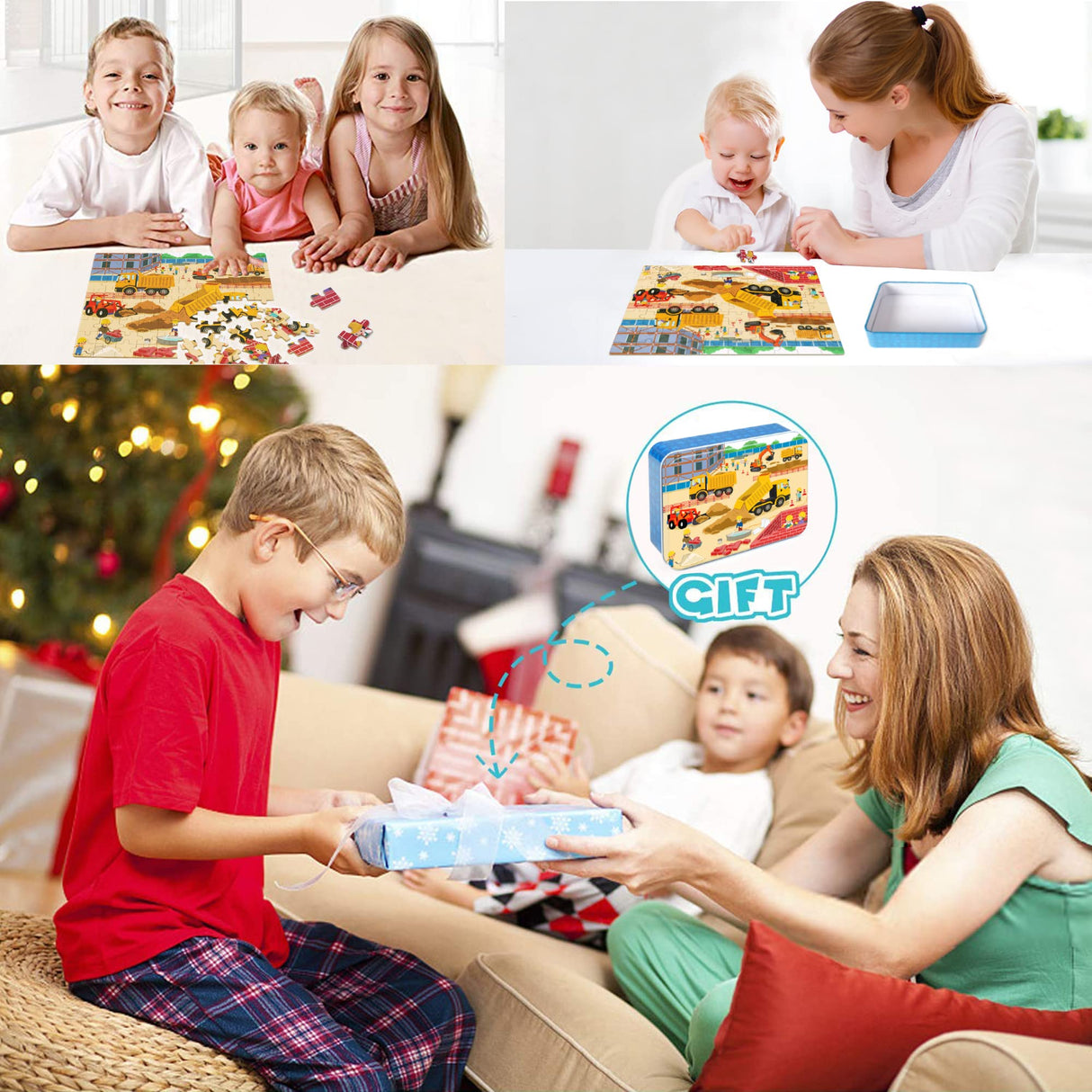 LELEMON 100 Pieces Jigsaw Puzzles in a Metal Box for Kids Age for 4-8 Boys Girls Toy Puzzles Construction Site Vehicles Children Learning Educational Puzzles Toys LELEMON