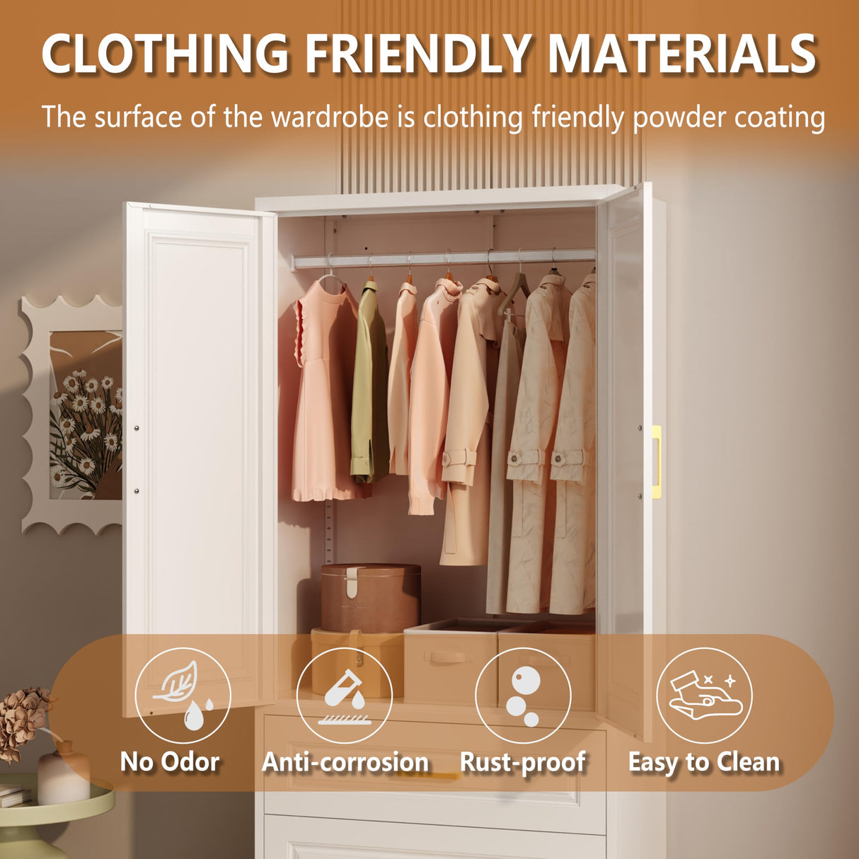 Polup Metal Armoire Wardrobe Closet with Three Drawers, 71“ Tall Large Wardrobe Cabinet with Hanging Rod, Freestanding Wardrobe Cabinet with Doors and Shelves for Bedroom, White, Assemble Required Polup