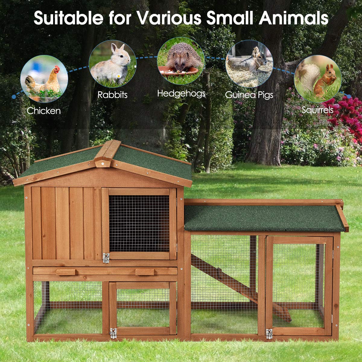Tangkula Rabbit Hutch Indoor and Outdoor, 58-Inch Bunny Cage with Removable Tray & Ramp, Wood Chicken Coop with Waterproof Roof for Rabbits, Chicken and Guinea Pigs Tangkula