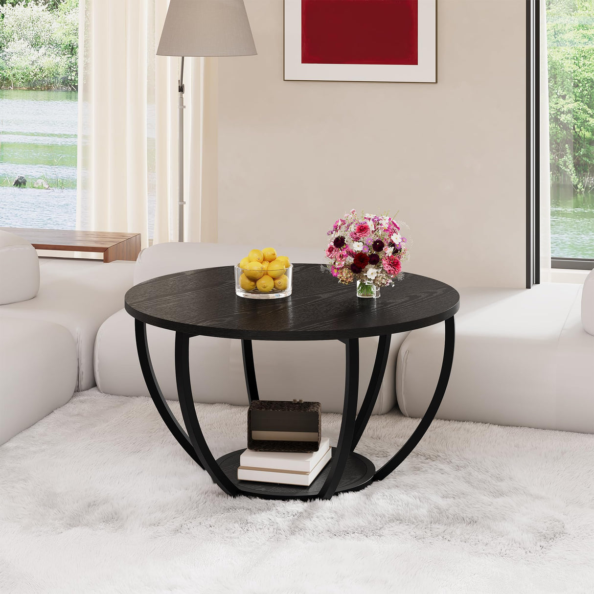 HOMERECOMMEND Round Coffee Table,Wooden 2-Tier Circle Coffee Tables with Storage Shelves,Accent Center Table for Living Room, Sofa Table for Home Office, Black HOMERECOMMEND