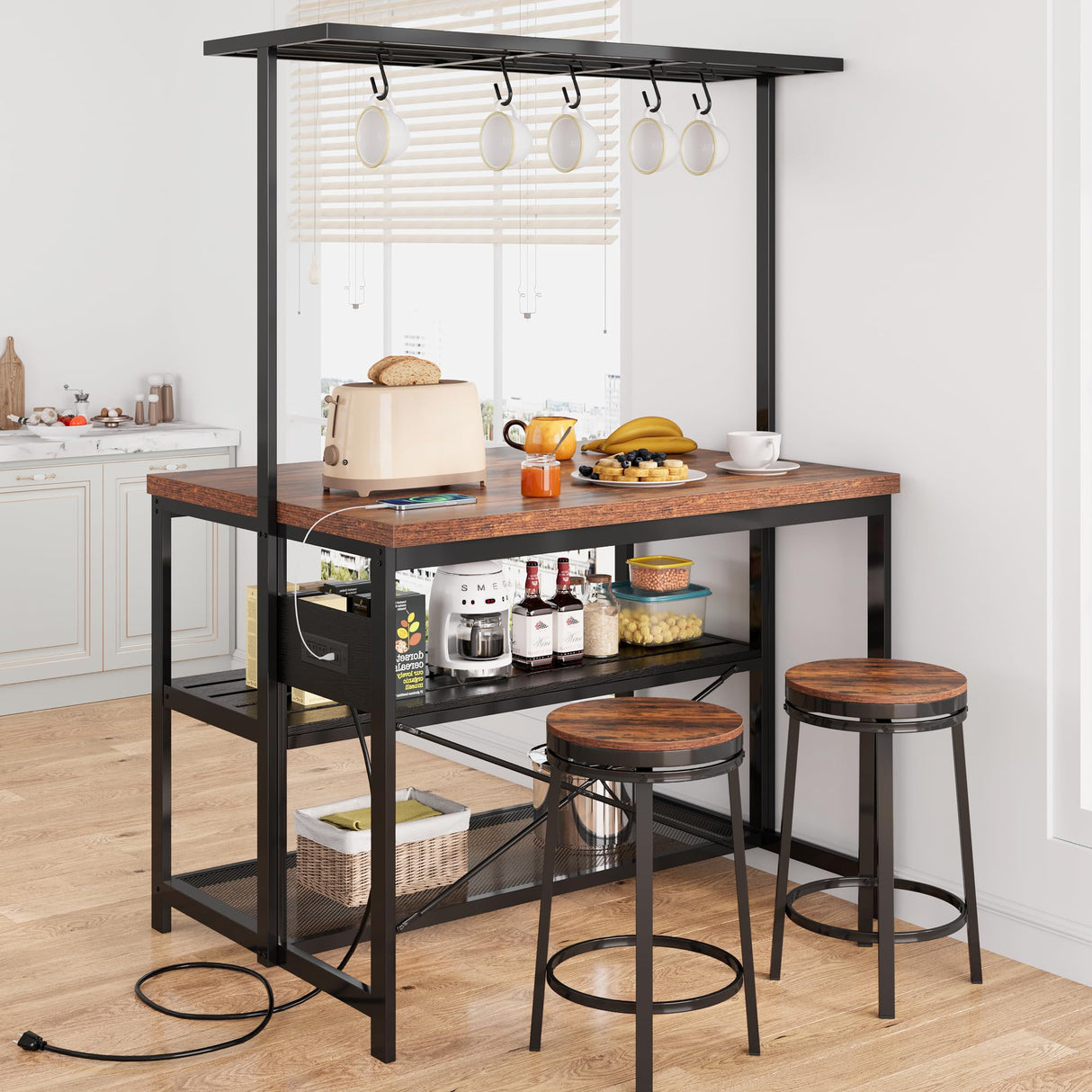 Kitchen Island with Storage, Bakers Rack with Power Outlet, Island Table for Kitchen,3 Tier Microwave Stand Oven Shelf,Large Coffee Bar Table, Storage Shelf for Kitchen Dining Room Living Room,5 Hooks GAOMON