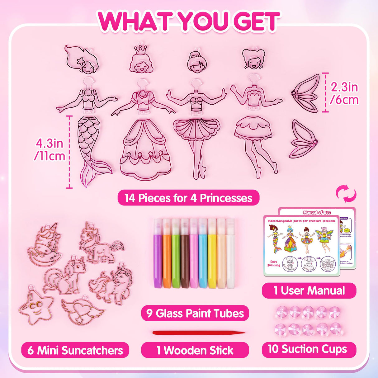 Mocoosy Princess Window Art Kit, DIY Suncatcher Arts and Crafts Kit for Kids Ages 6-8 9-12, Stained Glass Window Art Painting Set for Girls, Unicorn Toys Birthday Gift for Girls 4 5 7 9 10 Years Old Mocoosy