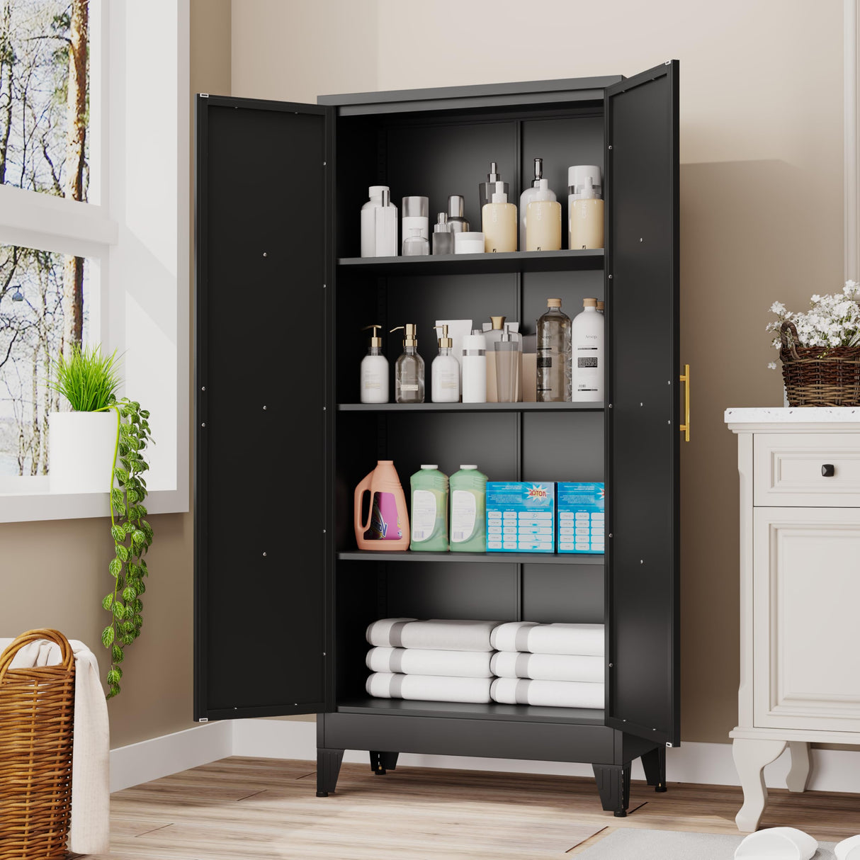 Lusiwry 61" H Metal Kitchen Pantry Storage Cabinet, Freestanding Cupboard with 2 Doors and 3 Adjustable Shelves, Standing Storage for Kitchen, Bathroom, Garage, Dinning Room or Utility Room(Black) Lusiwry