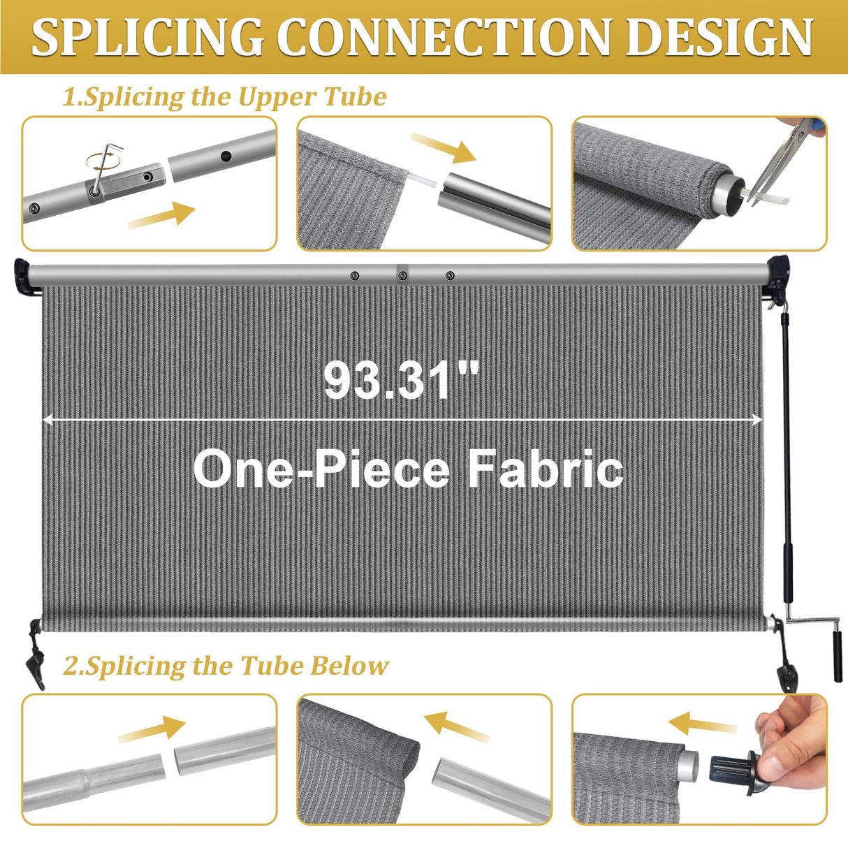 Shade&Beyond Outdoor Roller Shades with Splicing Design, 8' W x 8' H Cordless Patio Roll Up Blinds, Exterior Shade Cloth Roll for Porch, Gazebo, Pergola, Balcony, Gray Shade&Beyond