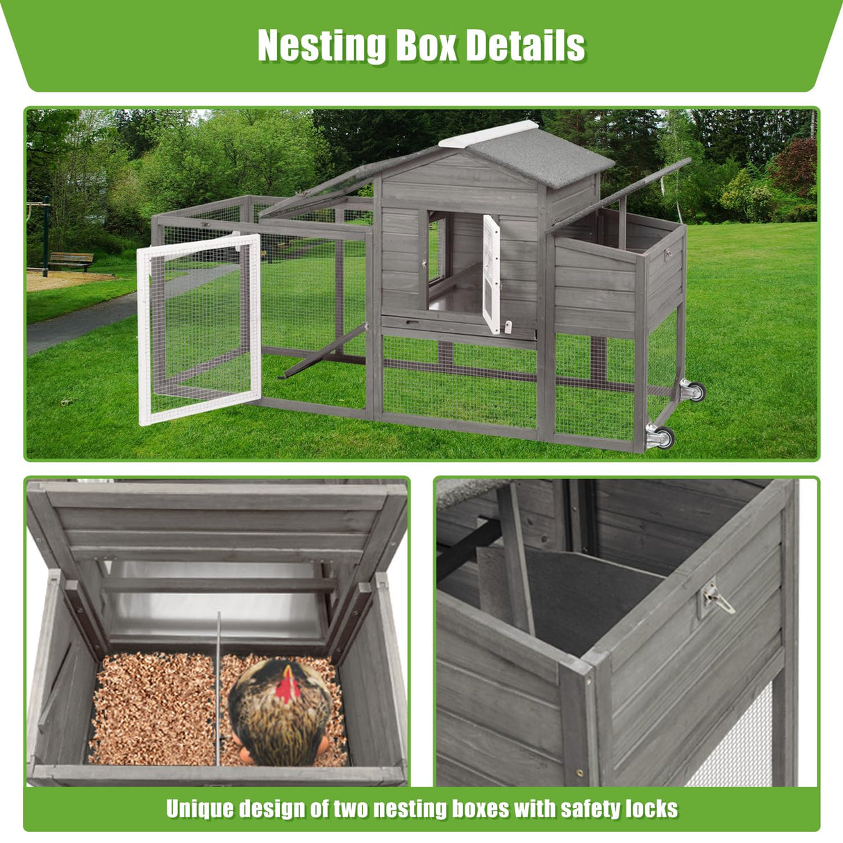Ketive Wooden Chicken Coop Cage Outdoor Indoor Hen House with Nesting Box, Waterproof Roof, Removable Tray for Poultry Pets Enclosure Garden Backyard (Grey) ketive