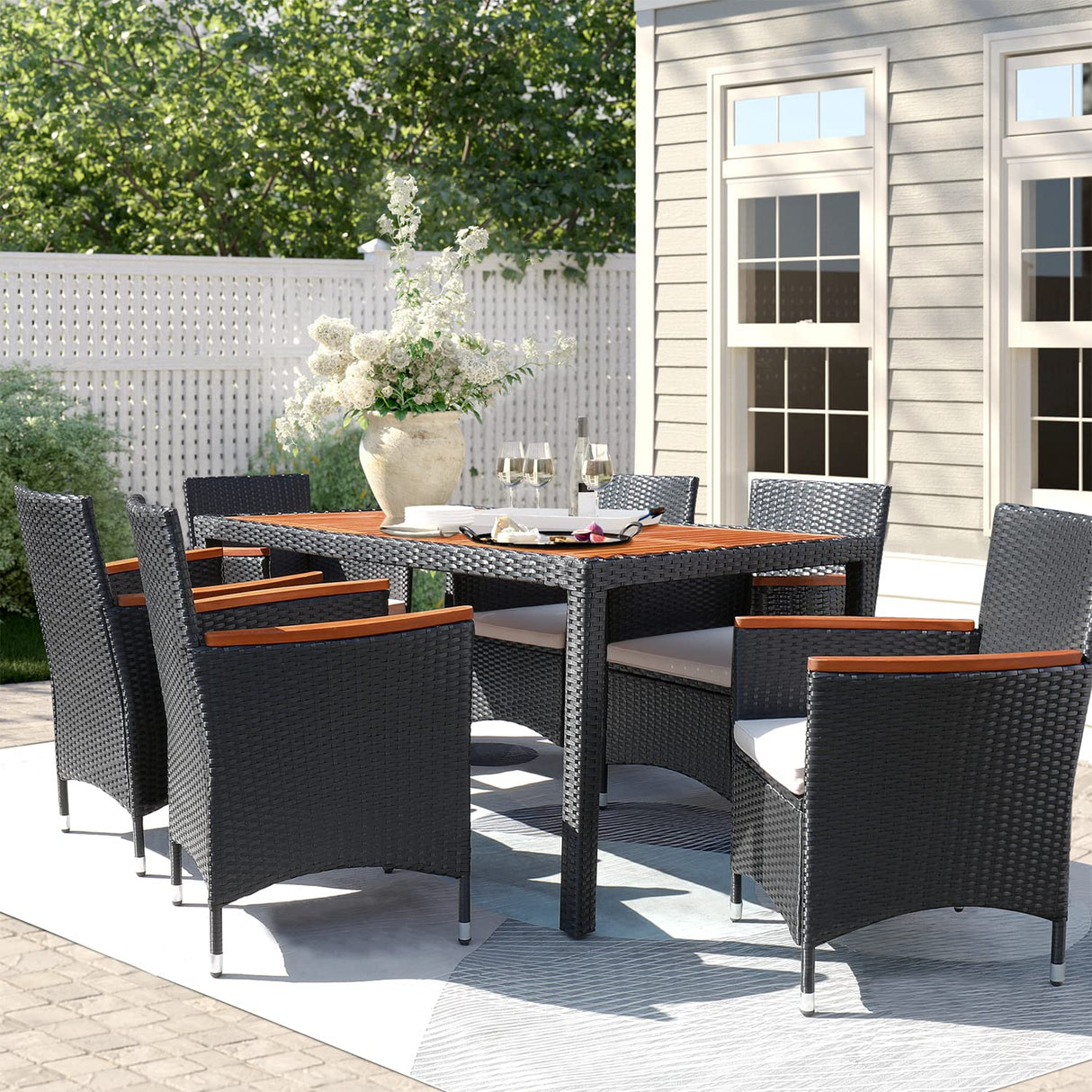 Flamaker 7 Piece Patio Dining Set Outdoor Acacia Wood Table and Chairs with Soft Cushions Wicker Patio Furniture for Deck, Backyard, Garden Flamaker