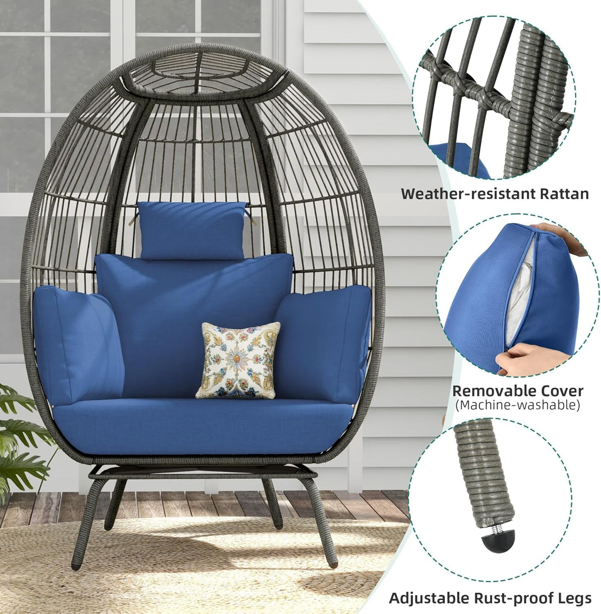 Wicker Egg Chair Outdoor - Patio Chair, Oversized Indoor Outdoor Lounger for Patio,Perfect for Backyard Lounger, & Balcony, Garden, Indoor, Steel Frame (Standing, Blue) Generic