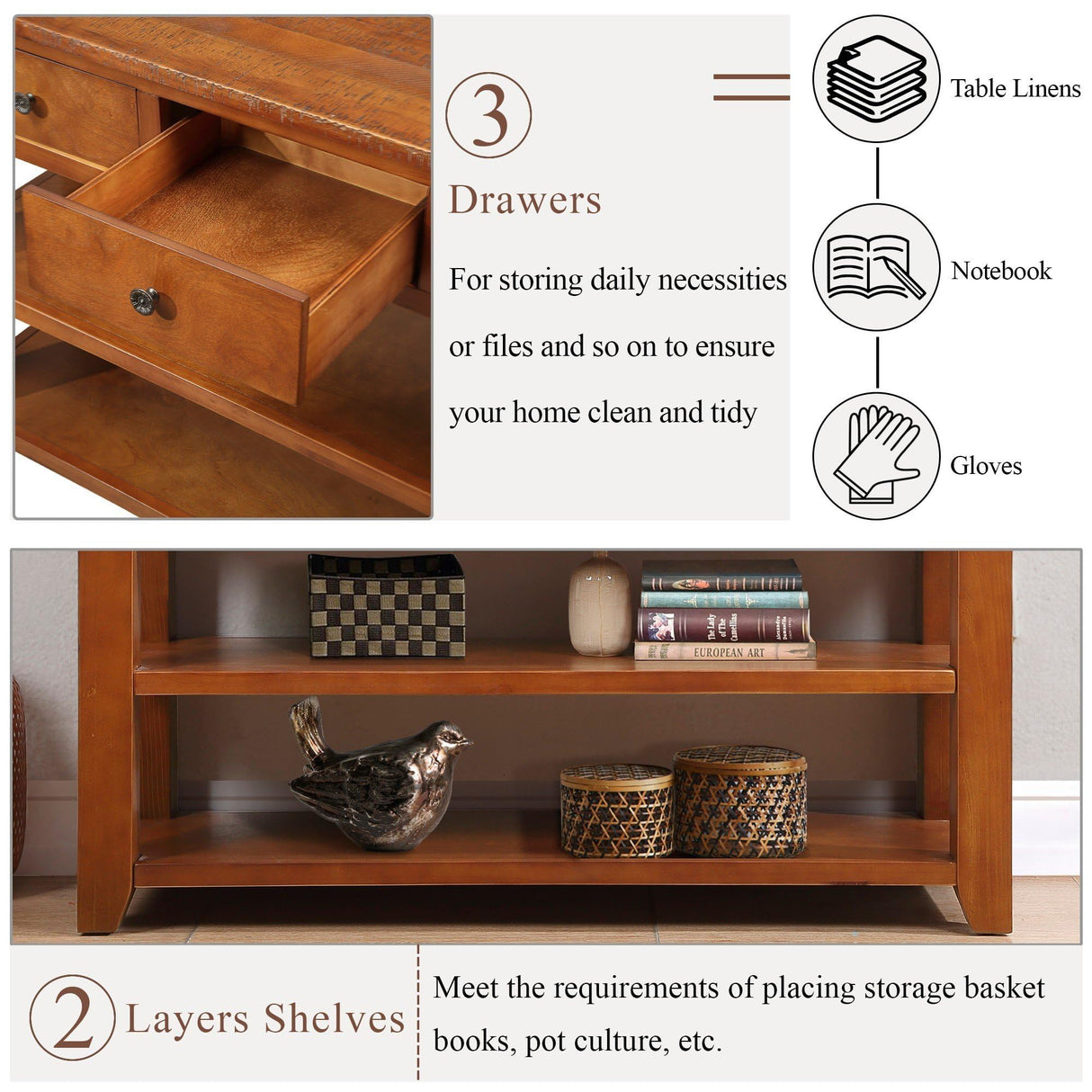 HZSMHDZKJ 48" Solid Pine Wood Top Console Table with 3 Storage Drawers and 2 Open Shelves, Modern Sofa Side Table with Metal Handles for Entryway, Hallway and Living Room (Brown-01) HZSMHDZKJ