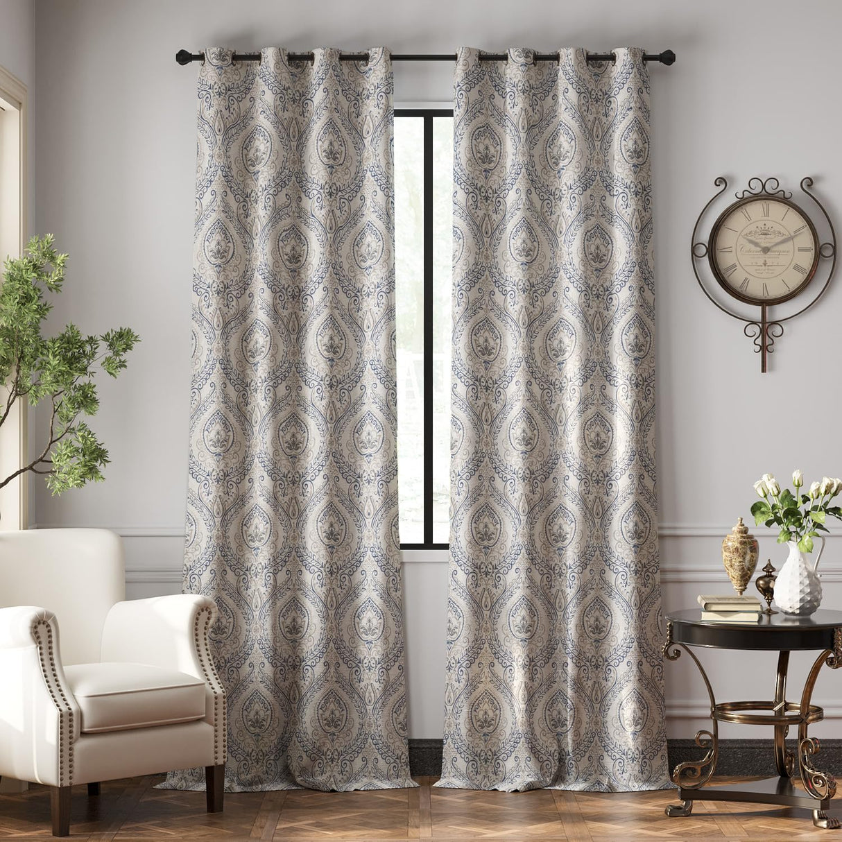jinchan Linen Textured Curtains for Living Room Darkening 108 Inches Long, Medallion Drapes for Bedroom, Damask Pattern Window Treatments Vintage Curtain Panels, Extra Long 2 Panels Blue on Greige jinchan