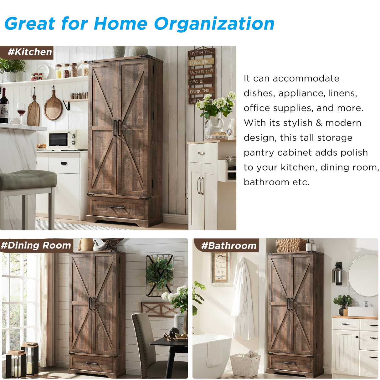 ACCOHOHO 72" Farmhouse Kitchen Pantry Cabinet with Drawer, Tall Storage Cabinet with 2 Barn Doors and Shelves, Versatile Large Rustic Cabinet for Dining Room, Bathroom, Living Room, Rustic Brown ACCOHOHO