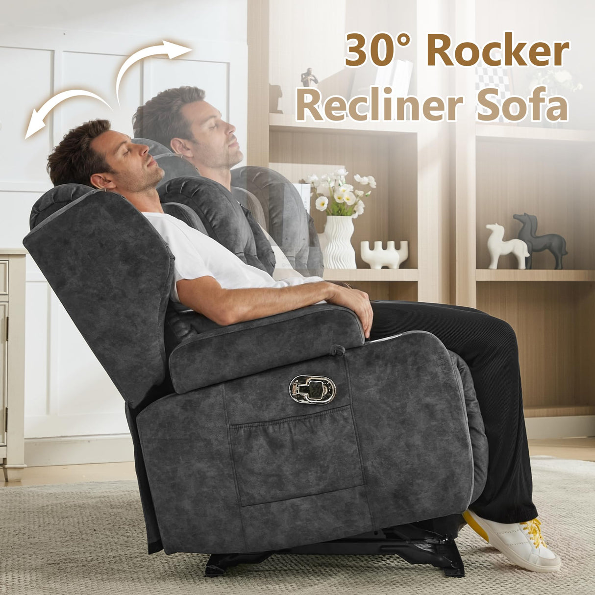 URRED Loveseat Rocker Recliner Sofa with Console, Manual Reclining Loveseat RV Couch Double Rocking Chair Nursery with Cup Holders, Side Pocket, Bluetooth Speaker, USB, Outlets (Grey) URRED