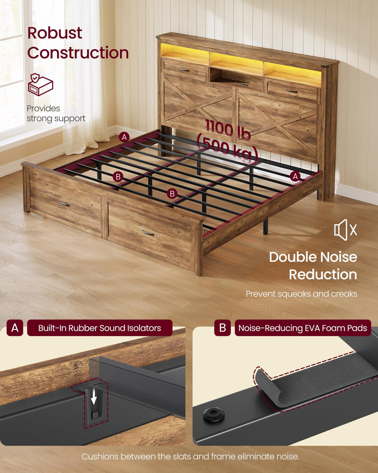 VASAGLE King Bed Frame with Storage Headboard, 51.3-Inch Tall Farmhouse Bed Frame King Size with 4 Drawers, LED Lights, Charging Station, Noise-Free, No Box Spring Needed, Honey Brown URMB424K01S VASAGLE