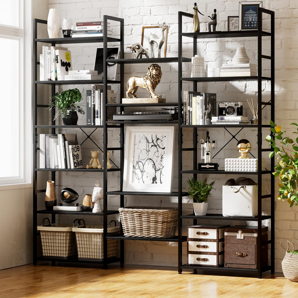NUMENN Triple Wide 6 Tier Bookshelf, Rustic Industrial Style Bookcases and Bookshelves with 17 Open Display Shelves, Modern Tall Bookcase Furniture for Bedroom, Living Room and Home Office, Black NUMENN