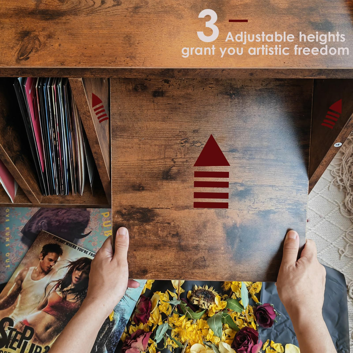 Record Player Stand with Vinyl Storage Holds Up to 300lb, Large Record Player Table Cabinet for Album Storage with Holder Vinyl Display Shelf, Mid Century Wood Turntable Stand for Bedroom Living Room LKKRO